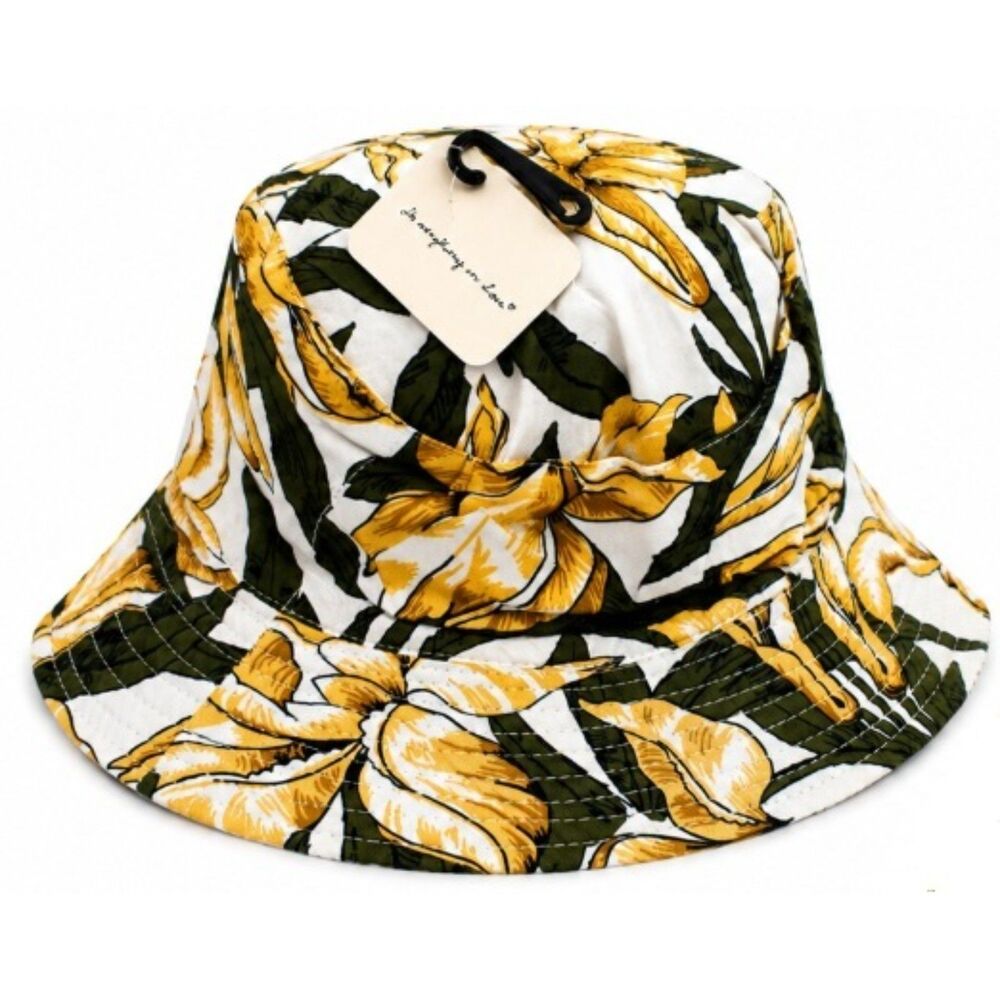 NWT Tropical Floral Bucket Hat Green Yellow Calla Lily Print Summer Festival Sun